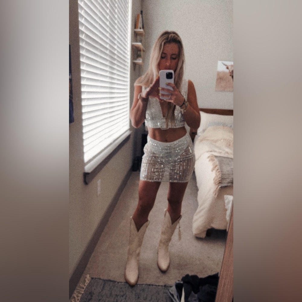 Violet White Rhinestone Mesh Mini Skirt and Crop Top Set